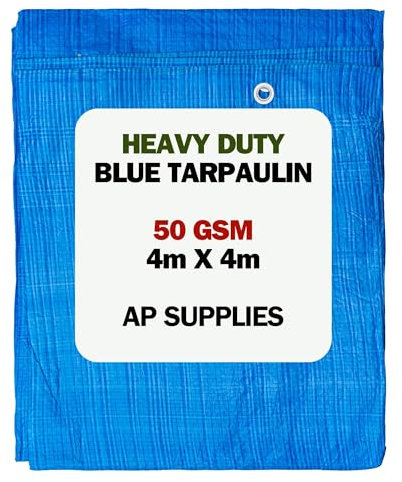 4m x 4m Blue Tarpaulin Cover - 50gsm Thick - 13ft x 13ft Waterproof, Weatherproof, Frost-Resistant, UV Protection, Universal, Multipurpose, Groundsheet, Camping, Boating, Hiking Heavy Duty Sheet