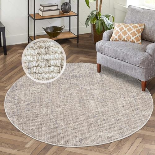 carpet city Kurzflor Teppich Wohnzimmer Beige - 200 cm Rund - Abstraktes Muster - Teppiche Modern, Boho für Schlafzimmer, Esszimmer