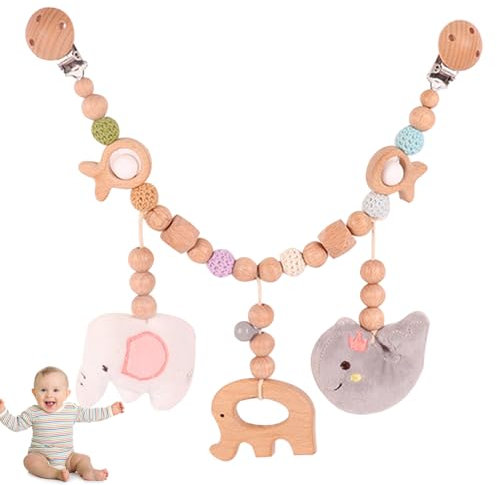 FENGQ Kinderwagenkette Holz Baby, Kinderwagenspielzeug Mädchen Junge, Aufhängen an Babyschale Kinderbett Spielzeug mit Glocke, für Babys und Kleinkinder 0 Monaten