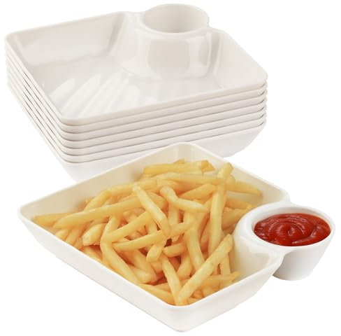 RAMFIYN 8 pcs Chips and Salsa Serving Dish, White Reusable Chip and Dip Bowl Serving Dishes for Entertaining Plastic Dip Tray Plate with Dipping Sauce Compartment