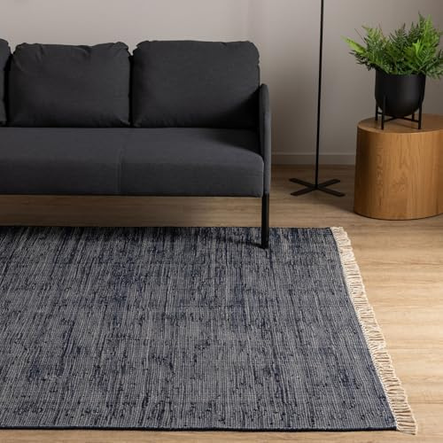 Interiyou Toledo Teppich aus Baumwolle - 80x150 cm Dunkelblau - Handgewebter Teppich mit Fransen für Wohnzimmer, Schlafzimmer, Kinderzimmer, Esszimmer, Küche oder Flur