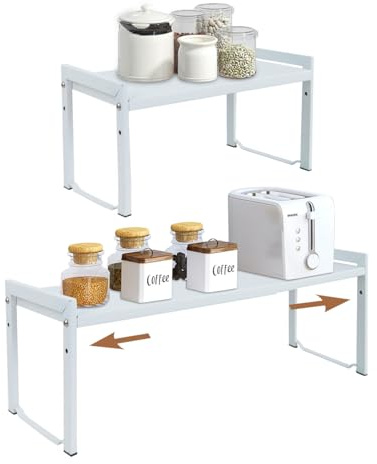 ZenMaarket Erweiterbares Schrankregal 35-66 cm, 2er-Set, Weiß M | Stapelbarer, verstellbarer Regal-Organizer für Küchentheke, Gewürze, Speisekammer, Schrank – Aufbewahrung für Küche & Büro.