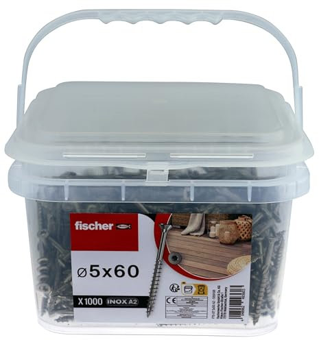 Fischer - Seau de 1 000 vis terrasse 5 x 60 en INOX A2, Acier Inoxydable résistant à la Corrosion