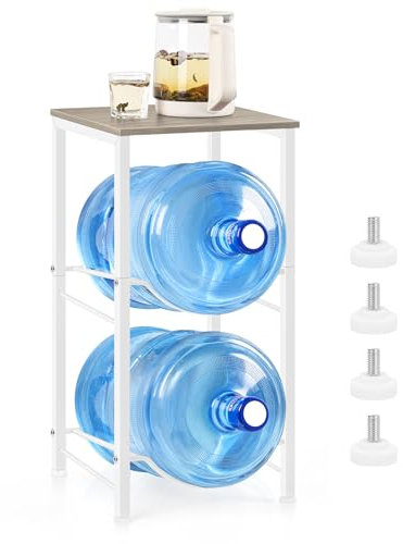 5 Gallon Water Bottle Holder Rack 2 Tier Water Jug Holder Stand with Storage Shelf, 2 Slots 5 Gal Water Cooler Jug Rack for Home, Office, Garage Organizer, Light Grey