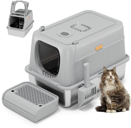 KMNSUN Katzenklo mit Deckel, (XXL) Edelstahl Katzenklo mit Deckel, 60L Extra große Katzentoilette mit Doppelfilterstufen und Schaufel, hoher Rand, klebend und auslaufsiche