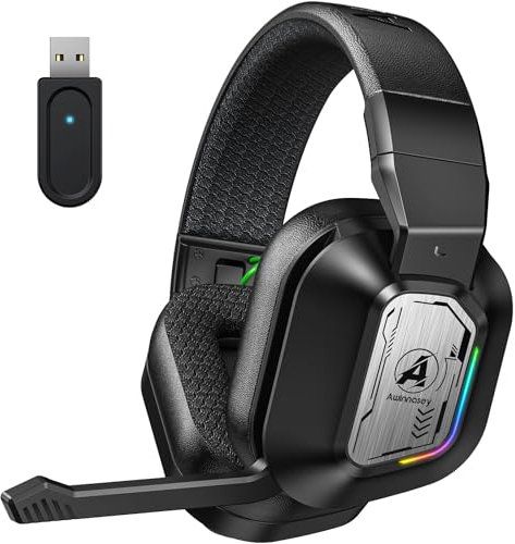 Awinnasey PH4 Wireless Gaming Headset with Microphone, Game/Music Mode, 2.4GHz Bluetooth Gaming Headphones for PS5, PS4, PC, Switch, Low Latency, LED, Lossless Sound, Foldable, Noise Cancelling Black