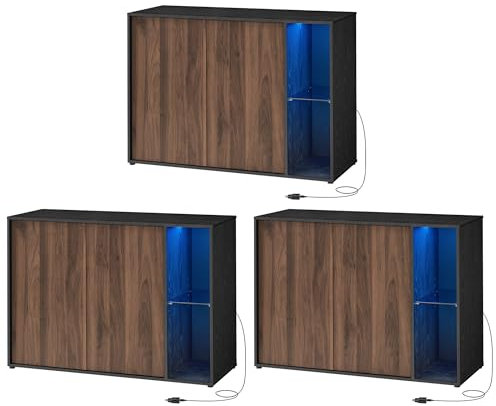 SONGMICS HOME Superschnelle werkzeuglose Montage, Sideboard mit Beleuchtung, 3er Set Aufbewahrungsschrank, TV-Schrank, Glasablage, Toolless-Technologie, naturwalnussfarben-ebenholzschwarz BBK793B01
