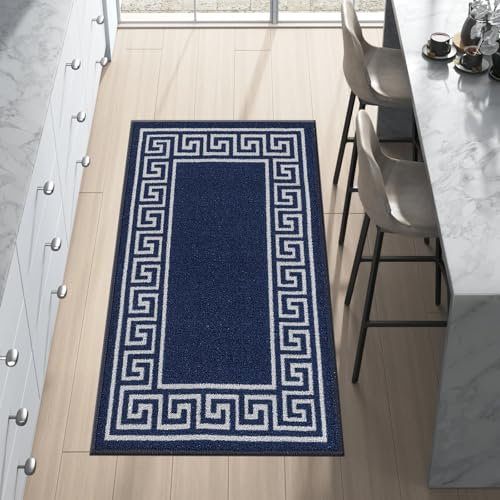 renoazul® Bordered Design Non-slip Rug With Low Pile Hallway Runner, 80 x 150 cm - Navy - Greeky Large Front Door Mat Inside Washable Rug, Kitchen Rugs For Living Room