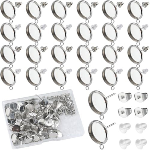 SOFPLATE 1 Box 180 Stück 12mm Cabochon Ohrringrohlinge Ohrringtablett Beschläge Aus Edelstahl Flache Unterlage Runde Lünettenfassungen Und Rückseite Für Schmuckherstellungssets Kunstharzzubehör Baste