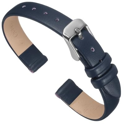 QUARKZMAN Uhrenarmband 10mm Leder mit Silber Edelstahl Schnalle Dunkelblau | Uhrenarmbänder Vintage Ersatzarmband für Smartwatch Universal Uhr Elegantes Damen Herren