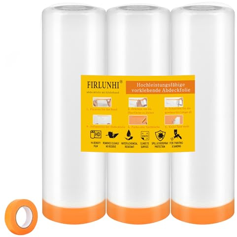 FIRLUNHI Abdeckfolie mit Klebeband, 3 rolls of 280CM x 8M,abdeckfolie maler,abdeckfolie auto lackieren,Selbstklebende folie,Für Wandanstriche, Schutz von Autolacken, Staubschutz für Möbel