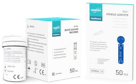 EUROPAPA 50 STK Blutzuckerteststreifen und 50 STK Lanzetten Kombination, Steril Einweglanzette, Blutlanzetten, Teststreifen kompatibel nur mit EUROPAPA BG-Serie Blutzuckermessgerät