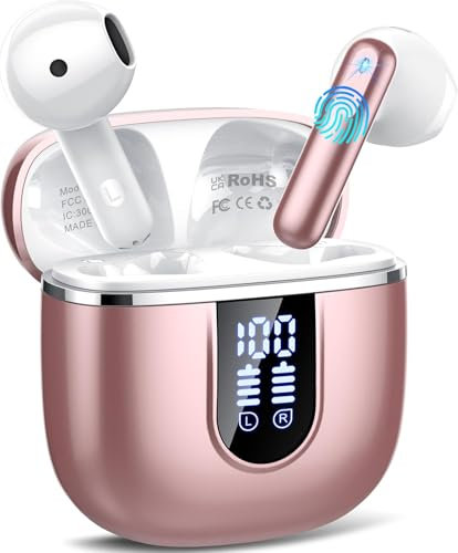 Wireless Earbuds, Bluetooth 5.4 Earphones in Ear with HiFi Stereo Deep Bass, Bluetooth Earbuds with 4 ENC Noise Cancelling Mic, 40H Clear Calls Wireless Earphones, IP7 Waterproof Dual LED Display Pink