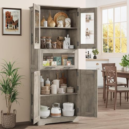 Garvee Armario Alto de Cocina, 170 x 30 x 60cm, Alacena de Cocina con Puertas de Cristal y Estantes Ajustables, Mueble Auxiliar De Cocinas Multifuncional para baño, Moderno en Madera Robusta, Gris