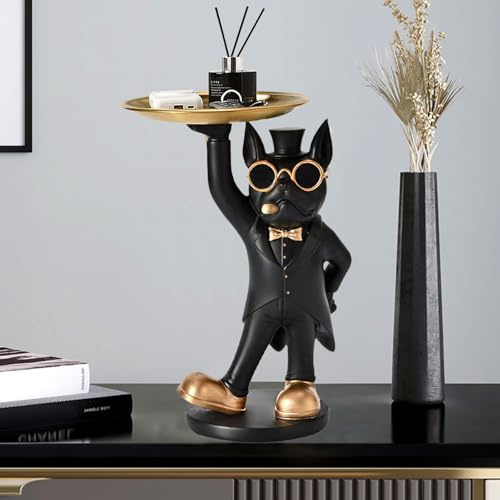 Kamanan Bulldogge Skulptur Deko, Französische Bulldogge Statue mit Tablett, Schlüsselschale Modern Schwarz für Wohnzimmer, Eingangsbereich, Büro, Tischdekoration