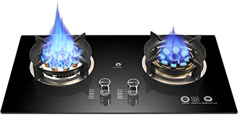 Gas Stove Cooktop with 2 Burners, Tempered Glass Built-in Hob, Easy to Clean. Suitable for RVs and Apartments. Supports LPG or Natural Gas – you can choose either one.
