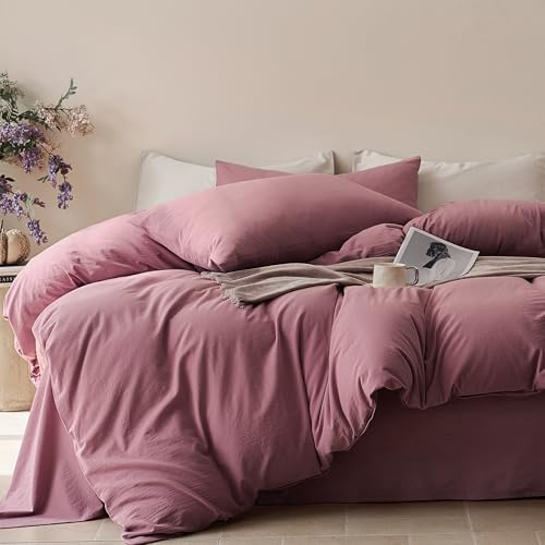 JELLYMONI Duvet Cover Queen Size - 100% Washed Cotton Comforter Cover with Linen-Like Texture, Breathable & Soft Bedding for Modern Home, Guest Room and Everyday Use,1 Duvet Cover & 2 Pillowcases