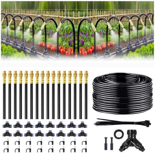 100FT Drip Irrigation System, 1/4 Inch Hose with 360° Adjustable Copper Nozzles – Garden Watering Kit for Lawn, Raised Beds, Greenhouse & Yard