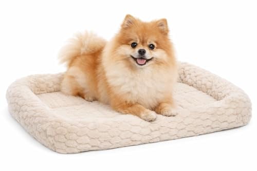 hundebett - katzenbett - rechteckig beige mit Rand - 55,5 x 38,5 x 6 cm - Plüsch - Schaumstoff 1,5 cm - Rutschfester Boden - passend für Drahtkäfige