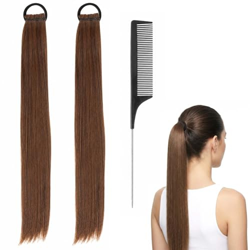 TLDBATICE 2 Stück Ponytail Extension, Haarteil Zopf Zopf Extension Haarteile Echthaar Pferdeschwanz Haarteil Echthaar Wrap Around, Haarverlängerung mit Kamm für Damen Alltag Party Cosplay Hellbraun