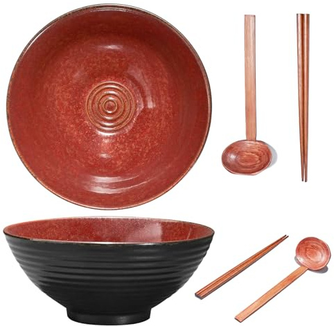 Yuecda 2 Sets 8 Inch Ceramic Ramen Bowl Set of 2, 40oz Japanese Bowls with Spoons & Chopsticks,Durable,Microwave & Dishwasher Safe,Perfect for Ramen,Pho,Salad,Soup,Noodles，Mixing Bowls（Fiery Red）