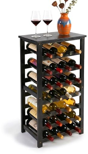 Relaxdays Weinregal, 28 Flaschen, Walnussholz, HBT 94x47x26 cm, Weinhalter für Rot- & Weißwein, Flaschenregal, schwarz