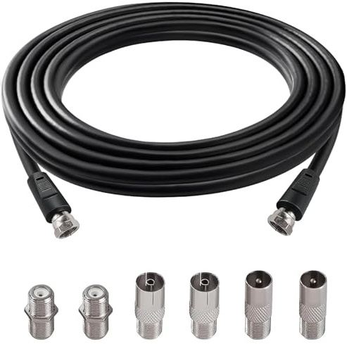 AmiCera Coaxial TV Aerial Cable, TV Ariel Extension Cable with F Male to Female Aerial Connectors 6 Plugs Adapters for Freeview TV Satellite Digital Router, Antenna RF RG6 Lead 1M Black