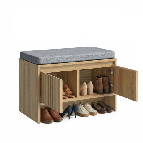eGenuss Schuhbank mit Sitzfläche und Stauraum, Moderne Sitzbank Flur in Eiche Optik, Schuhschrank mit Lamellen Design und Soft Close Türen, gepolstert, skandinavisches Flurmöbel 65 cm