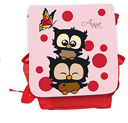 ilka parey wandtattoo-welt Kinderrucksack Kindergartentasche Eulen Schmetterling und Wunschname Name rosa rot gepunktet kgn32