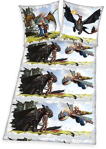 Herding Bettwäsche-Set, Dragons, Kopfkissenbezug 80 x 80 cm mit Knöpfen und Wende-Motiv, Bettbezug 135 x 200 cm, Mit Knopfverschluss, 100% Baumwolle/Linon, Weiß