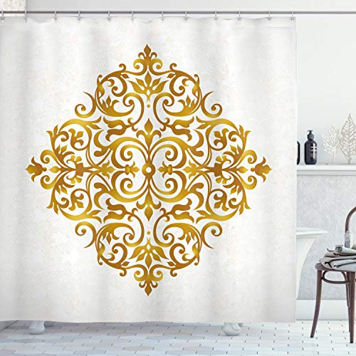ABAKUHAUS Viktorianisch Duschvorhang, Victorian Königs Entwurf, Stoffliches Gewebe Badezimmerdekorationsset mit Haken, 175 x 240 cm, Pale Caramel Weiß