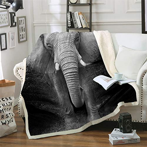 MegOK Elefant Sherpa Decke 3D Gedruckt Tier Tagesdecke Fotografie Schwarz und Weiß Plüschdecke, 150 cm x 200 cm