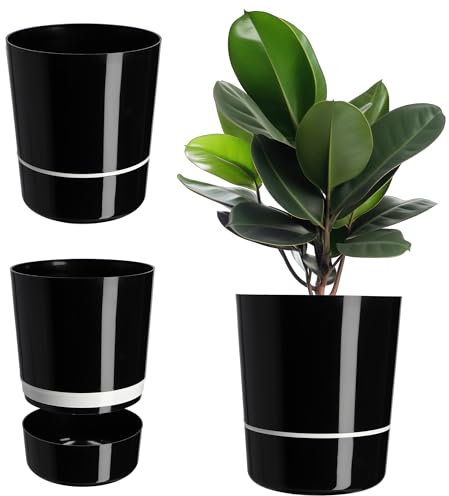 KADAX Pot de fleurs rond en 2 parties pour fleurs, plantes, balcon, jardinière moderne en plastique, pot pour intérieur et extérieur, brillant (29 cm, noir)