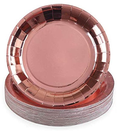 TOPWAYS Platos Desechables Cumpleaños, 48pcs 23cm Oro Rosa Desechables Papel Elegantes Platos Fiesta Vajilla para Decoración Cumpleaños Niño Hombre Mujer, Bodas Aniversarios Picnic BBQ (9 pulgadas)
