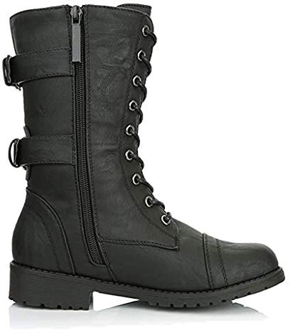 ORANDESIGNE Stiefel Damen Militärische Kampfstiefel Flache Schuhe Schnür Stiefeletten mit Reißverschluss und Karten Tasche Stiefeletten Schwarz 39 EU