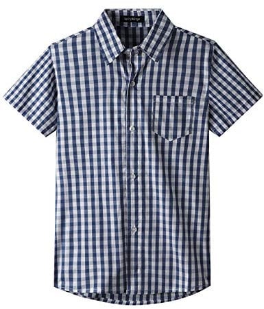 Spring&Gege Boys' Short Sleeve Poplin Button Down Shirt Plaid Uniform Dress Shirts, Navy Blue Large Check Gingham, 13-14 Years
