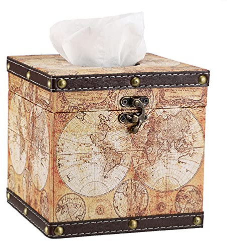 BTSKY Porta tovaglioli in legno + PU Retro casa ufficio cubo quadrato porta fazzoletti, elegante ed elegante decorazione per la casa (mappa gialla)