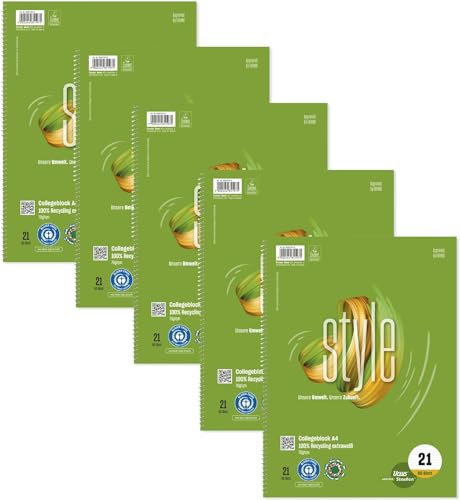 Staufen Ursus Style Collegeblock, 5 Stück, DIN A4, Lineatur 21 (9mm liniert), 80 Blatt, 4-fach Lochung, premiumweißes 70g/m² Recyclingpapier, Green