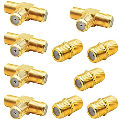 10 Stück RG6 Koaxialkabel-Verlängerung und F-Typ RG6 Buchse auf 2 Buchsen, 3-Wege-Koaxialkabel T-Splitter Koaxialkabel T-förmig Buchse auf Buchse für TV Video VCR Antenne Satelliten-Satelliten