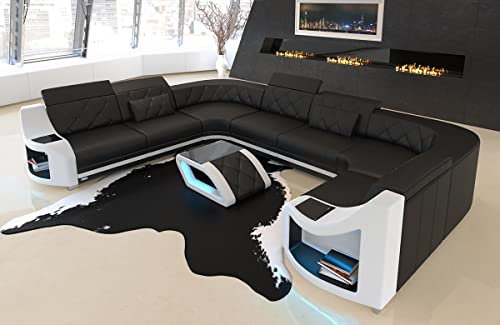 Wohnlandschaft Genua Ledersofa U Form Sofa - mit LED Beleuchtung, verstellbare Kopfstützen/Lederfarben wählbar/Ausrichtung wählbar (Lange Seite Links, Weiß-Schwarz)