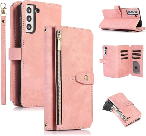 UEEBAI Hülle für Samsung Galaxy S22 5G, Leder Klapphülle, Retro Rosa | 9 Kartenfäche Lederhülle mit Umhängegurt Handschlaufe Ständer Reißverschluss Handyhülle Magnetverschluss Wallet Flip Case