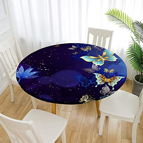 Morbuy Rund Tischdecke Elastisch, Schmetterling Drucken Rund Tischdecken Wasserdicht Lotuseffekt Abwaschbar Abwischbar Tischtuch für Garten Outdoor Küchentisch (Für Tisch 120-140 cm,Retro)