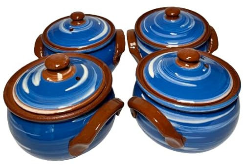 etara Wein&Feinkost Kollektion/Tontopf, Auflaufform, Schmortopf mit Deckel, Güvec, Brottopf, Joghurttopf, Keramik, bulgarische Tradition, hochwertige Handarbeit (Blau - Weiß, 4x 700ml)