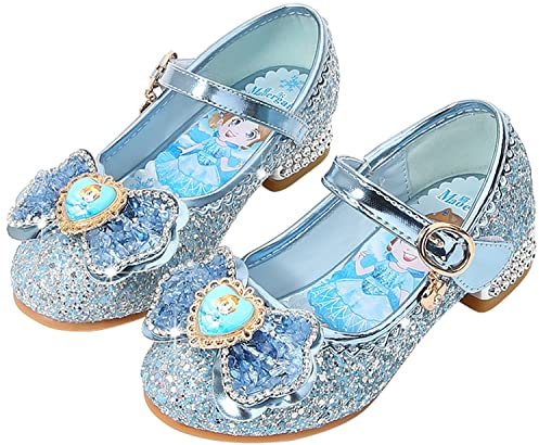 YOGLY Mädchen ELSA Prinzessin Schuhe Cosplay Eiskönigin Weihnachten Karneval Geburtstag Neujahr Kostüm Zubehör Weich Blau Rosa Silber Pailletten Kristall Hohe Absätze für Kinder Halloween Party