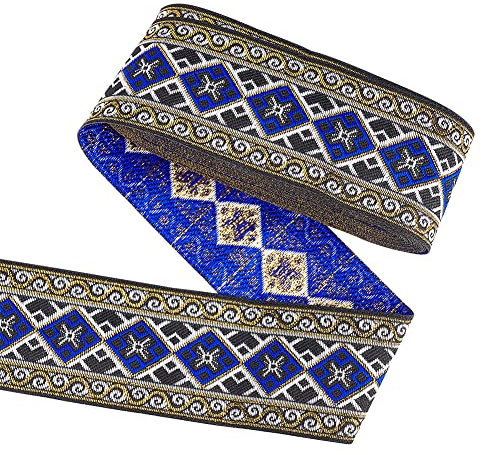 FINGERINSPIRE 7 m Jacquard Band 50 mm Breit Vintage Blumenstickerei Mit Rautenmuster Blaues Polyester Gewebtes Band Nähband Für Heimwerker Geschenkverpackung Kostümzubehör