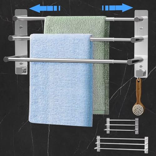 Cinnani Porta Asciugamani Bagno, Portasciugamani da Parete Estensibile 37-70cm, Porta Salviette in Acciaio Inox, Portaasciugamano da Bagno Adesivo, Porta Asciugamano Senza Foratura 3 Aste con Ganci