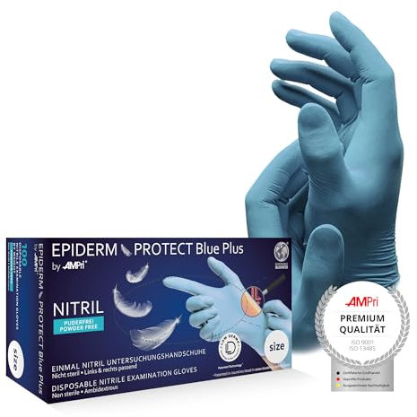 AMPri Nitrilhandschuhe, Low Derma, hellblau, 100 Stück/Box, Größe L, puderfrei, Epiderm Protect Blue Plus by Med-Comfort: Nitril Einmalhandschuhe, Einweghandschuhe in den Größen XS, S, M, L, XL