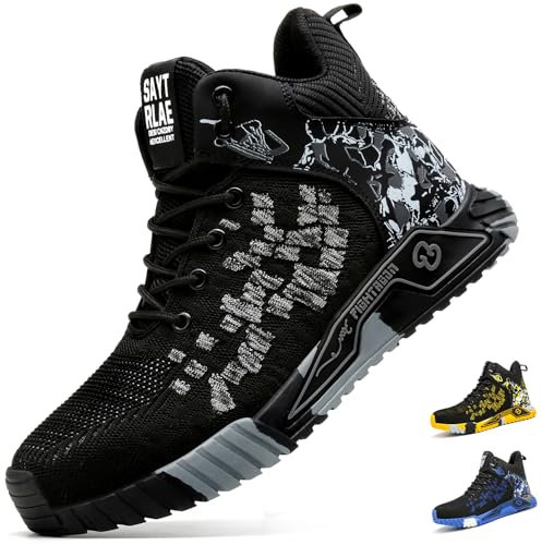 COOU Arbeitsschuhe Hoch Herren Sicherheitsschuhe Rutschfest Sportliche Stahlkappenschuhe Sicherheitsstiefel Stahlkappe 1011/Schwarz 45