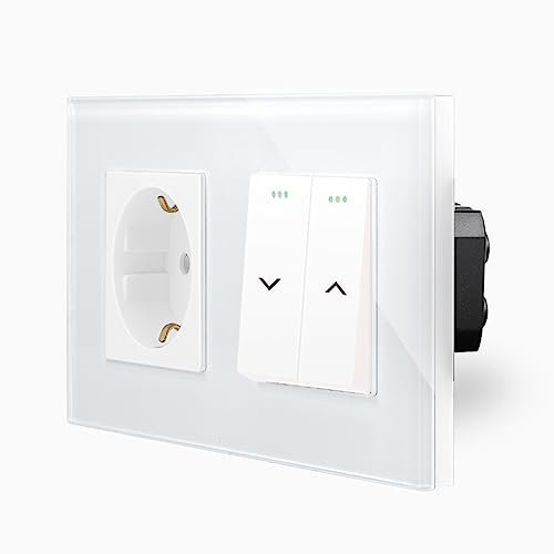 Marco de cristal doble con interruptor de persiana basculante, interruptor de pared + enchufe Schuko UP DE Unteputzdose en marco de 2 compartimentos, pulsador de cristal, persianas, control de pared,