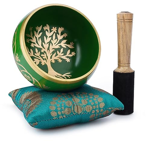 Ajuny Bol Chantant En Laiton Avec Arbre De La Vie Inclut Gréviste & Coussin | Fait Main Bol Bol Chantant Para Méditation Yoga Thérapie Sonore Guérison Chakras Soulagement Du Stress Relaxation, Doré Vert